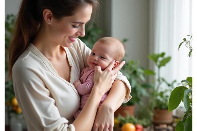 Une mère et son bébé avec des aliments sains symbolisant la vitalité post-partum