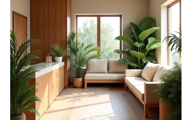 Intérieur serein de la clinique Fleurir Santé avec des plantes et des matériaux naturels